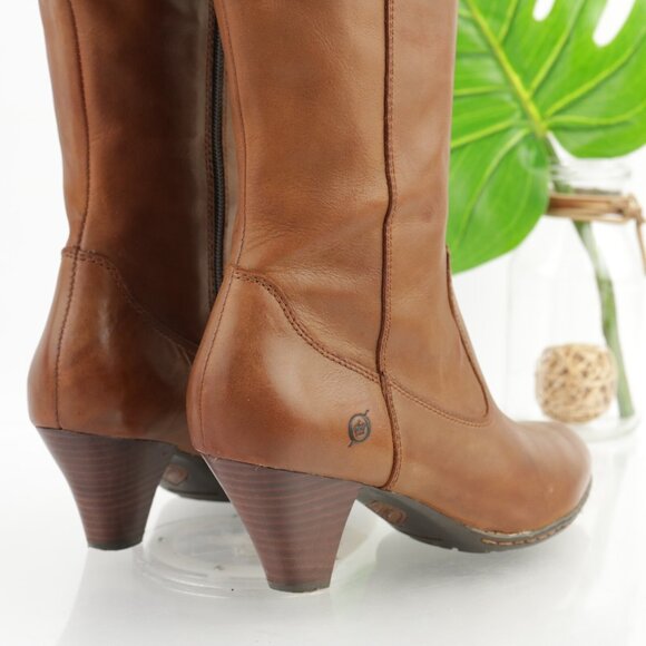Born Women Mallory Riding Boots Size 8 Tall Cognac Leather Block Heel Elegant - Picture 3 of 16